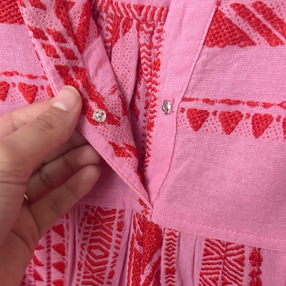 Elan Pink Red Embroidered Boho Tiered Charli Mini Dress Bell Sleeve Size M - Picture 4 of 6